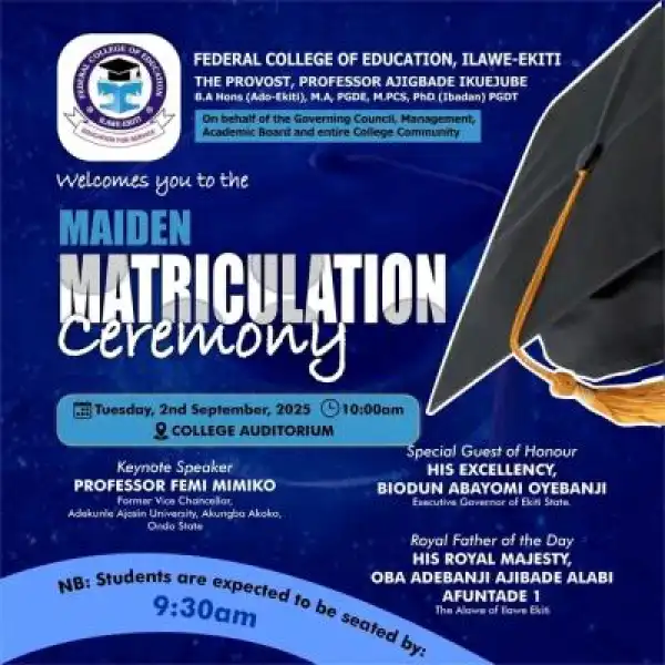 Federal College of Education, Ilawe-Ekiti announces Maiden Matriculation Ceremony