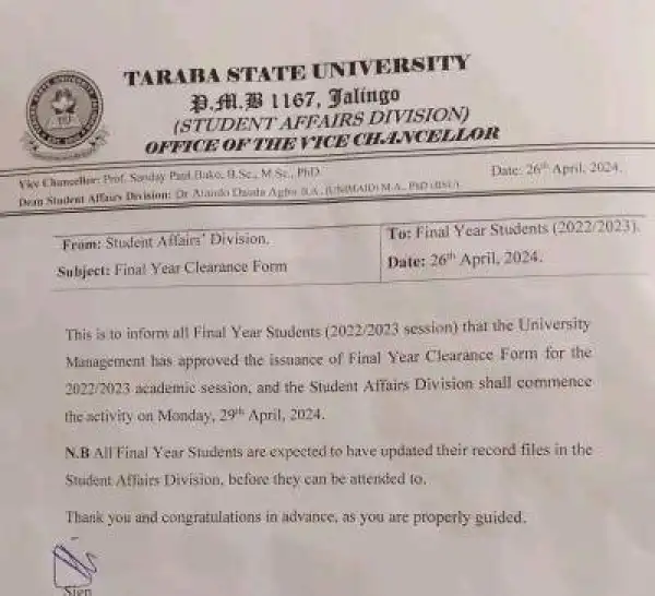 TASU notice to final year students on issuance of final year clearance, 2022/2023