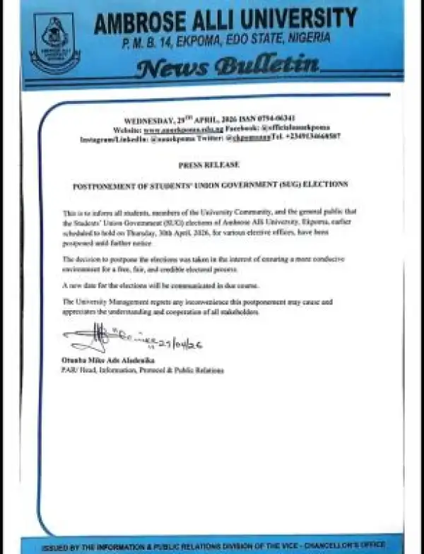 AAU postpones 2026 SUG Election till further notice