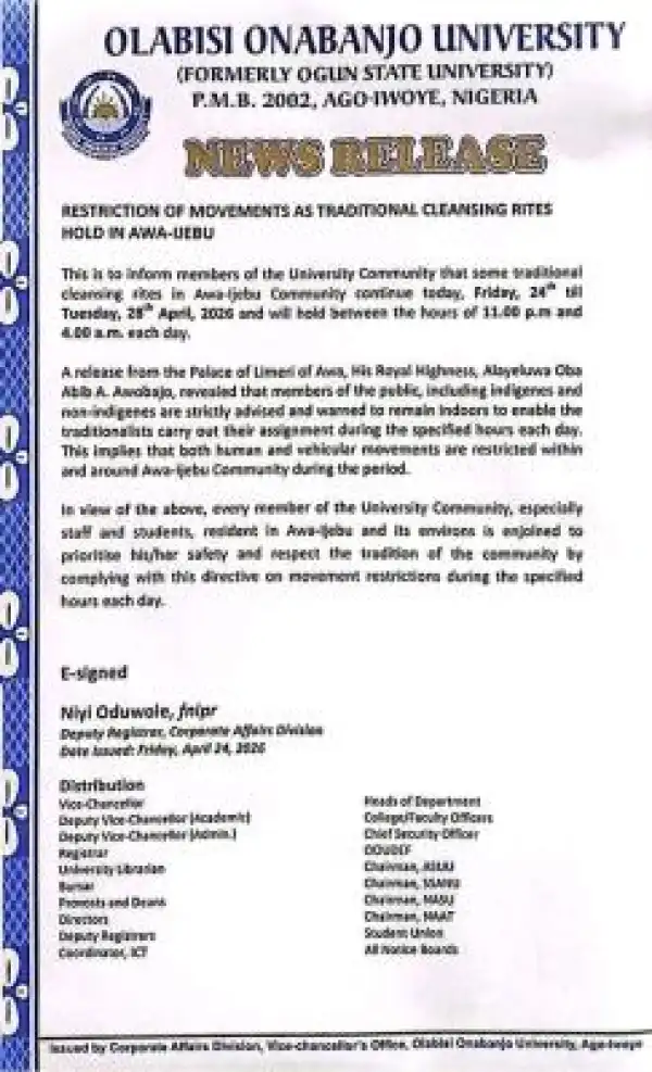 OOU notice on restriction of movement in Awa-Ijebu