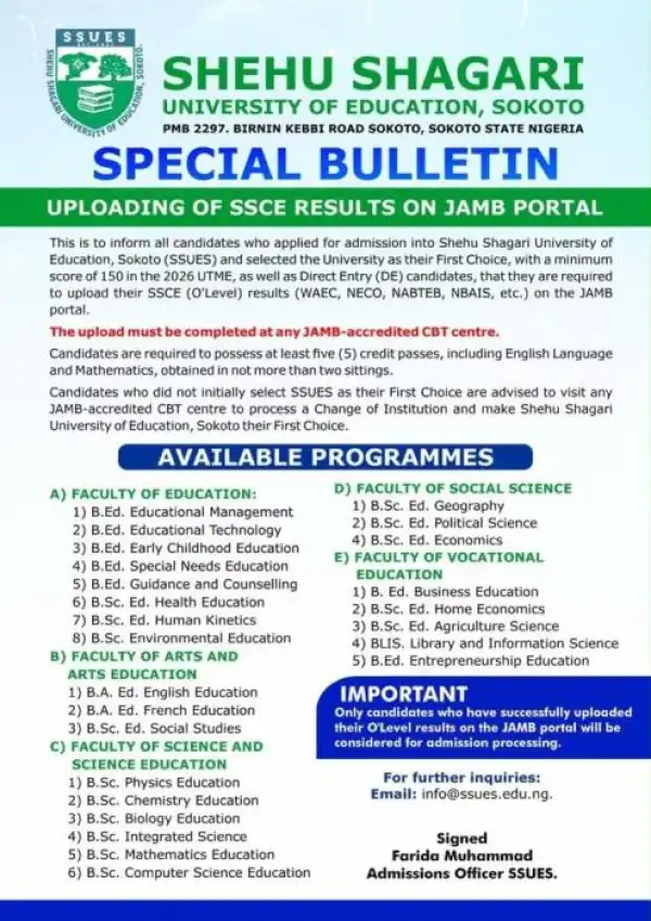 Shehu Shagari University of Education notice on upload of O