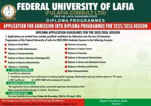 FULAFIA application for admission into Diploma Programmes for 2025/2026 Session