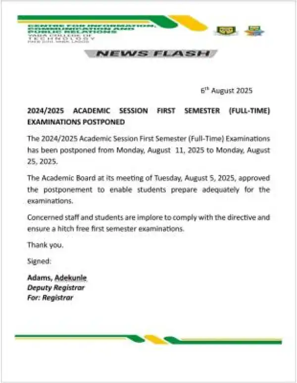YABATECH postpones Full-time 1st semester exams, 2024/2025