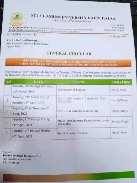SLU revised approved academic calendar, 2021/2022 & 2022/2023