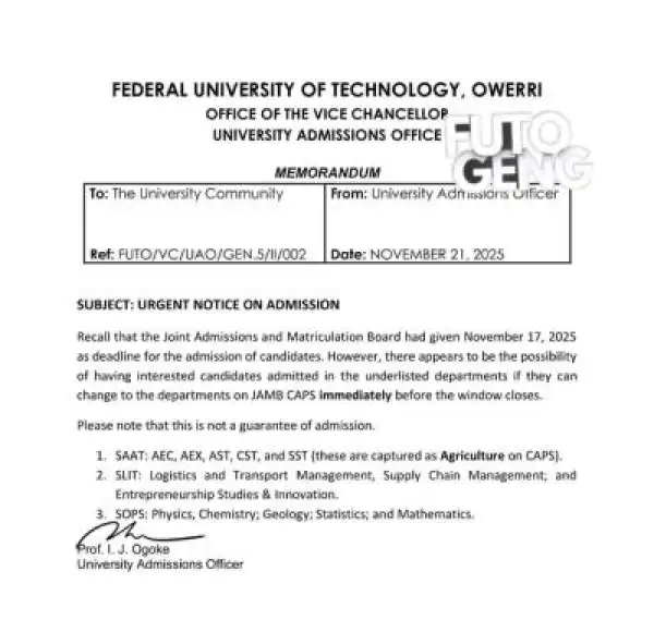 FUTO issues urgent notice on admission, 2025/2026