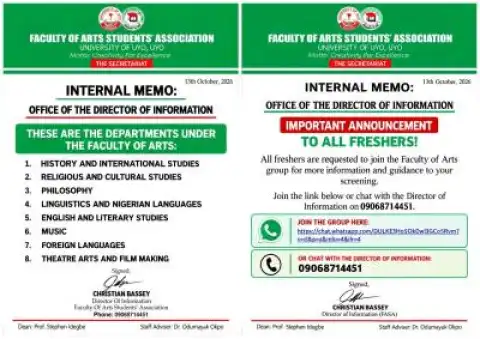 UNIUYO Faculty of Arts Students Association notice to new students