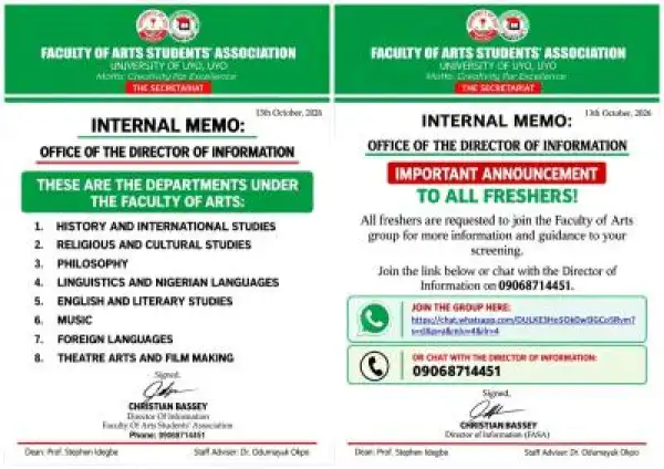 UNIUYO Faculty of Arts Students Association notice to new students