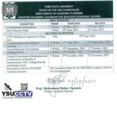 YSU notice on change of 1st semester exam dates & adjusted calendar, 2024/2025