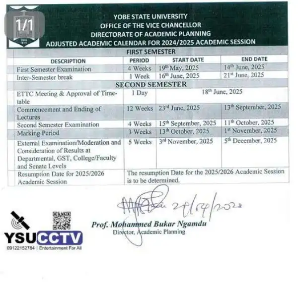 YSU notice on change of 1st semester exam dates & adjusted calendar, 2024/2025