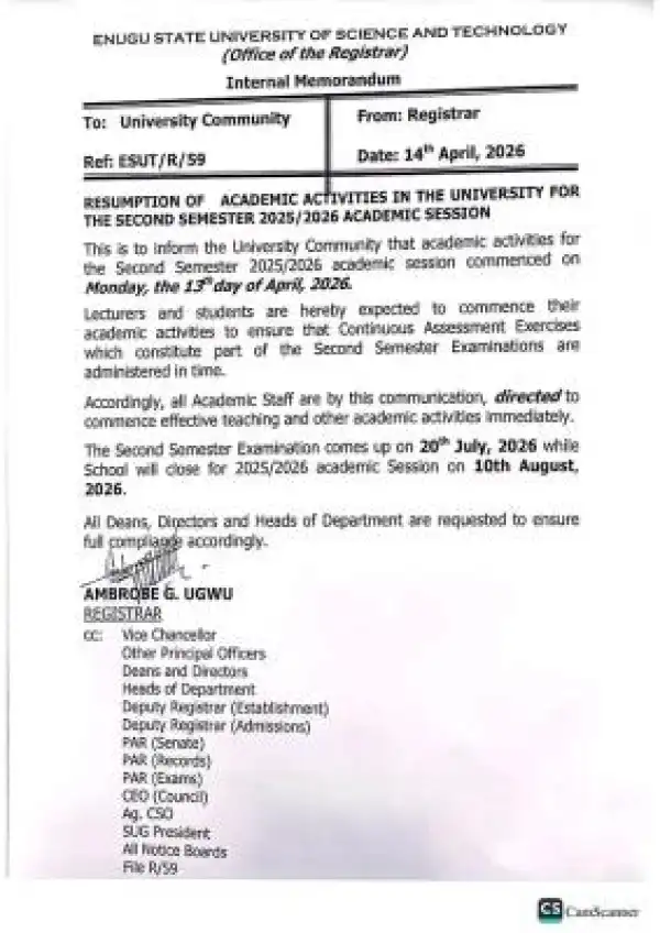 ESUT notice on resumption of academic activities for 2nd semester, 2025/26
