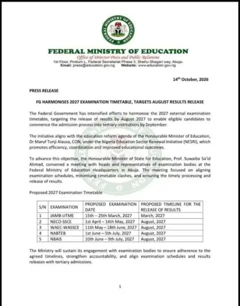 FG moves to harmonise examination timetable for 2027 undergraduate admissions