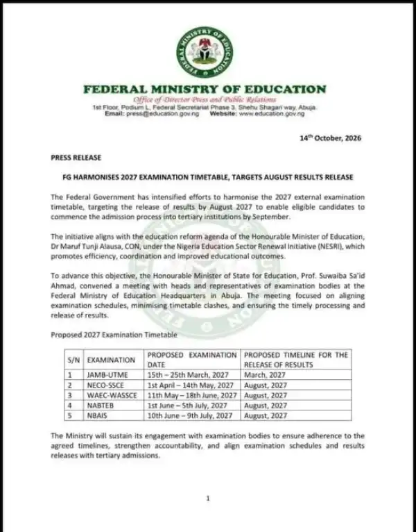 FG moves to harmonise examination timetable for 2027 undergraduate admissions