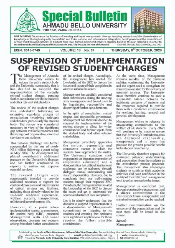 ABU suspends implementation of increased school charges