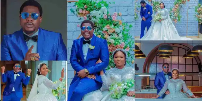 “Make una no dey whine us” – Reactions as Mr. Macaroni and Mummy Wa release wedding photos