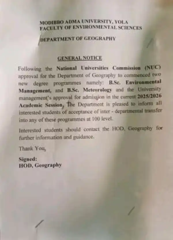 MAUTECH notice on inter-departmental transfer to new programmes in Faculty of Environmental Sciences