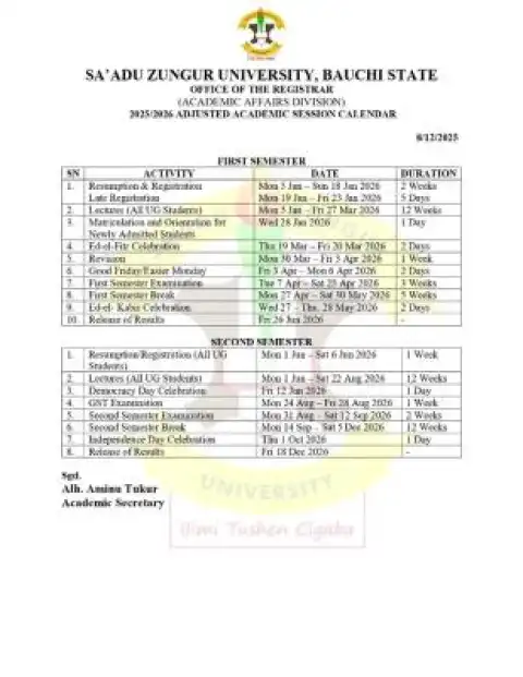 SAZU releases adjusted academic calendar for 2025/2026 session