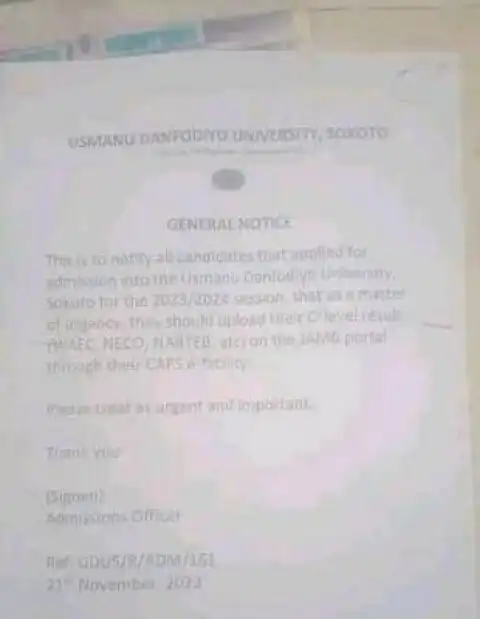 UDUS notice to applicants on uploading of O'Level results, 2023/2024