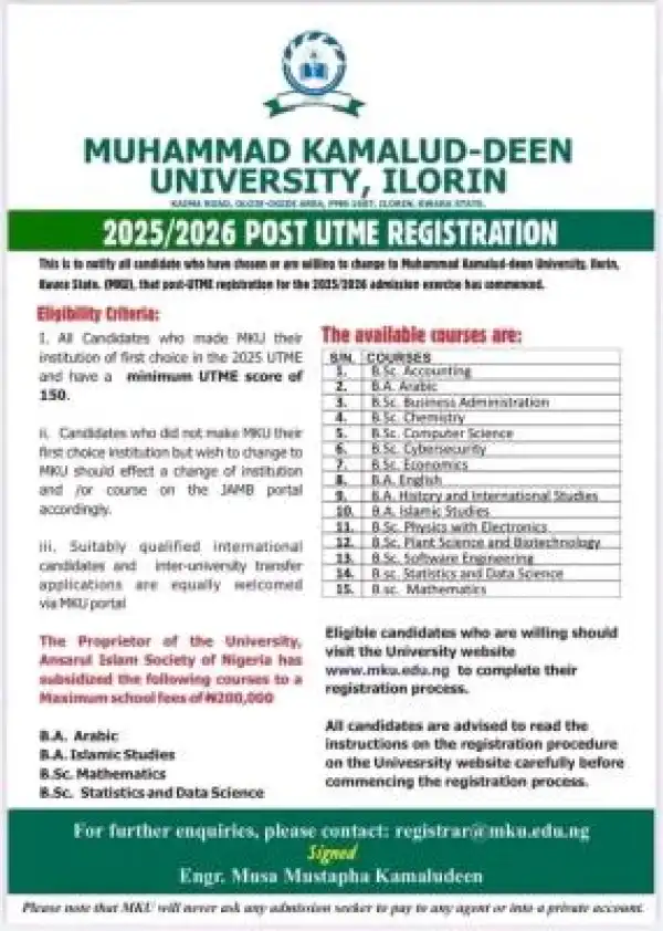 Muhammad Kamalud-deen University, Ilorin releases Post UTME admission form, 2025/2026