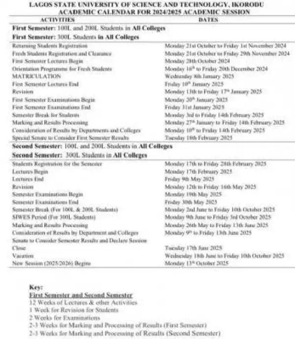 LASUSTECH approved academic calendar for 2024/2025 session