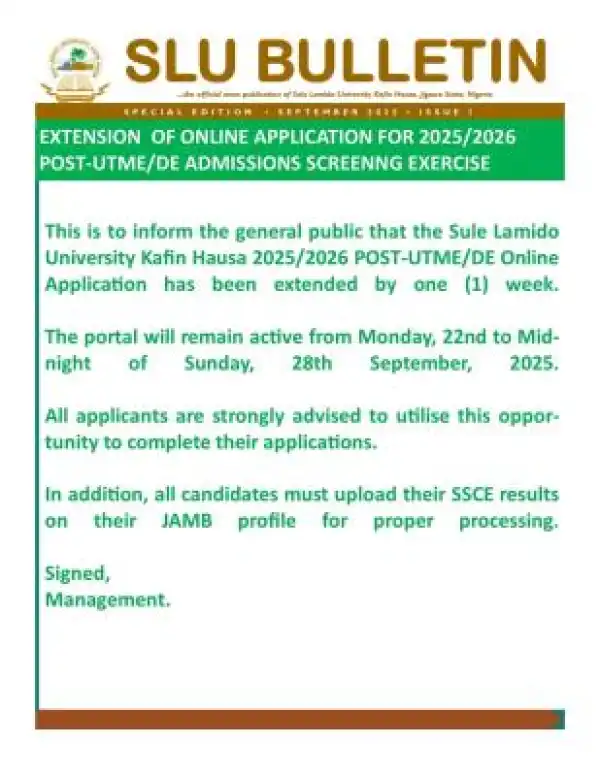 SLU extends Post UTME/DE application deadline, 2025/2026