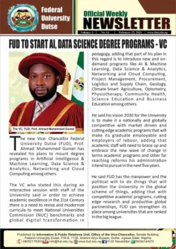 FUDutse to start AI, Data Science degree programmes