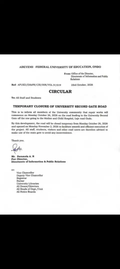 AFUED notice of temporary closure of university 2nd gate road