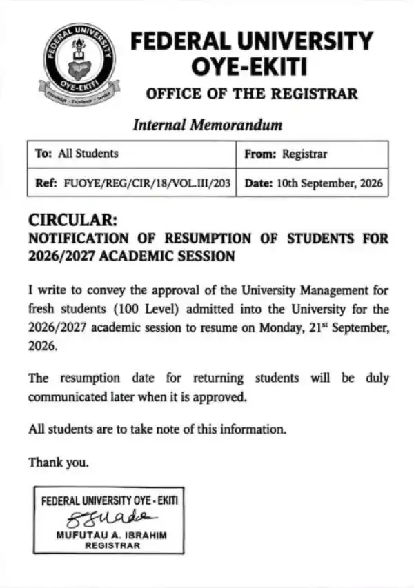 FUOYE notice of resumption of 100 level students for 2026/2027 academic session
