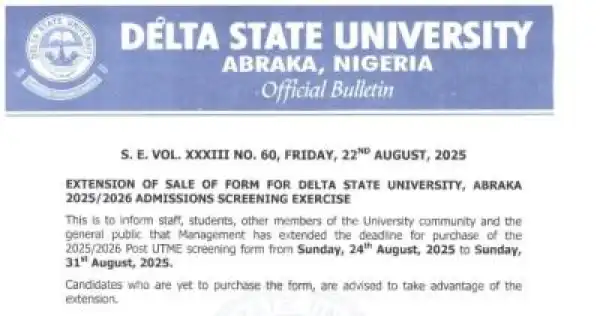 DELSU extends Post UTME registration deadline, 2025/2026