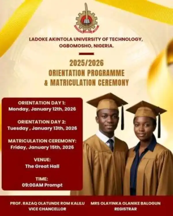 LAUTECH Orientation Programme and Matriculation Ceremony, 2025/2026
