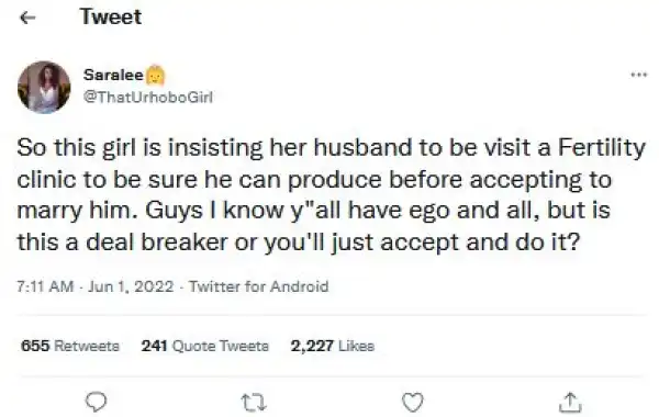 Lady Insists Fiancé Must Undergo Fertility Test Before She Agrees To Marry Him