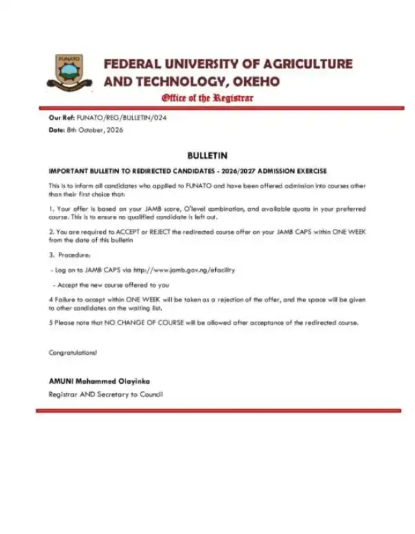FUNATO notice to candidates admitted into courses other than the ones applied for, 2026/2027