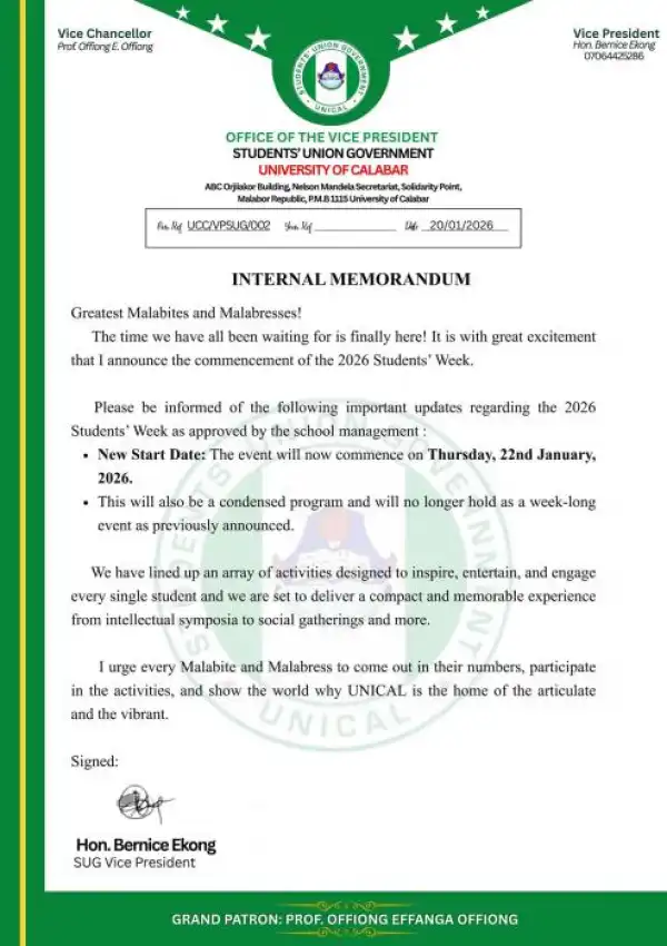 UNICAL SUG announces new date for commencement of Students