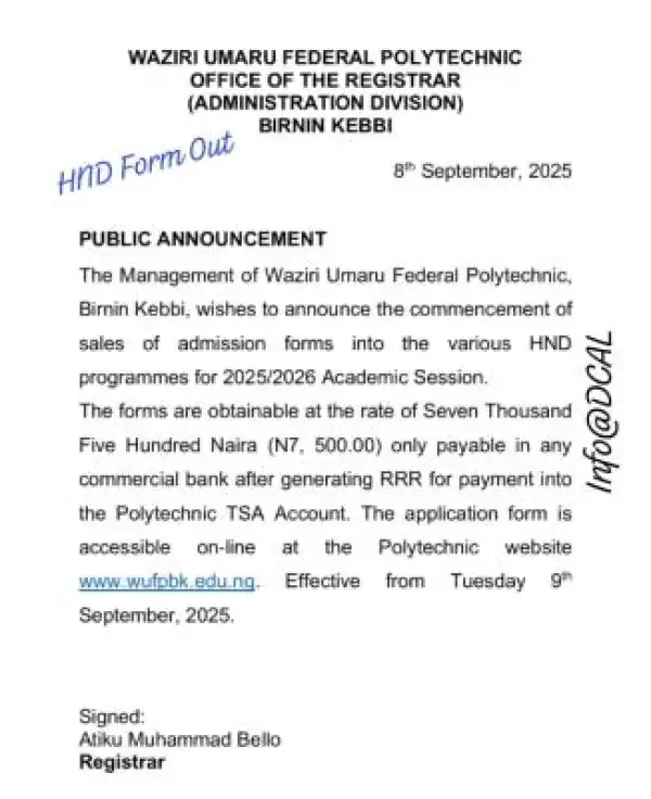 Waziri Umaru Federal Polytechnic, Birnin Kebbi releases HND form, 2025/2026