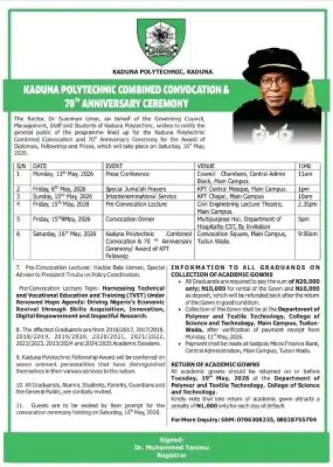 Kaduna Polytechnic announces Combined Convocation and 70th Anniversary Ceremony