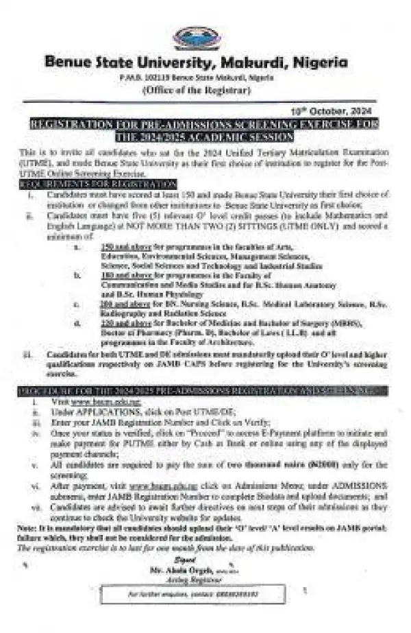 BSU Post-UTME/DE 2024: Cut-off mark, Eligibility and Registration Details