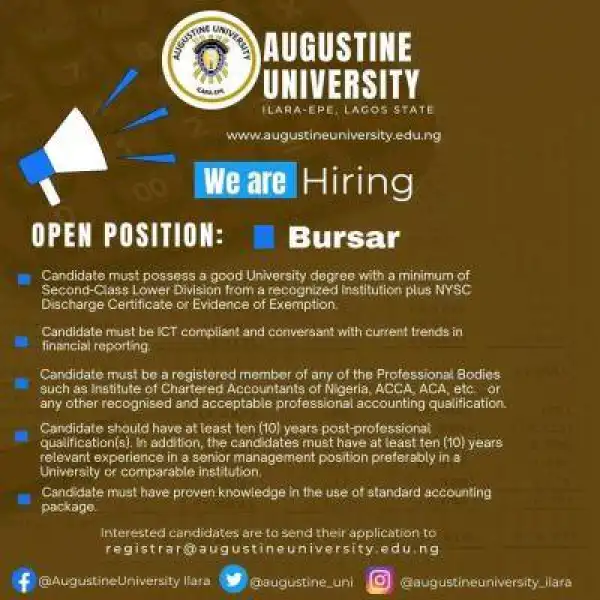 Augustine University announces vacancy for the post of Bursar