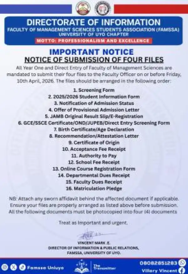 UNIUYO Faculty of Management Sciences Students Association notice to new students