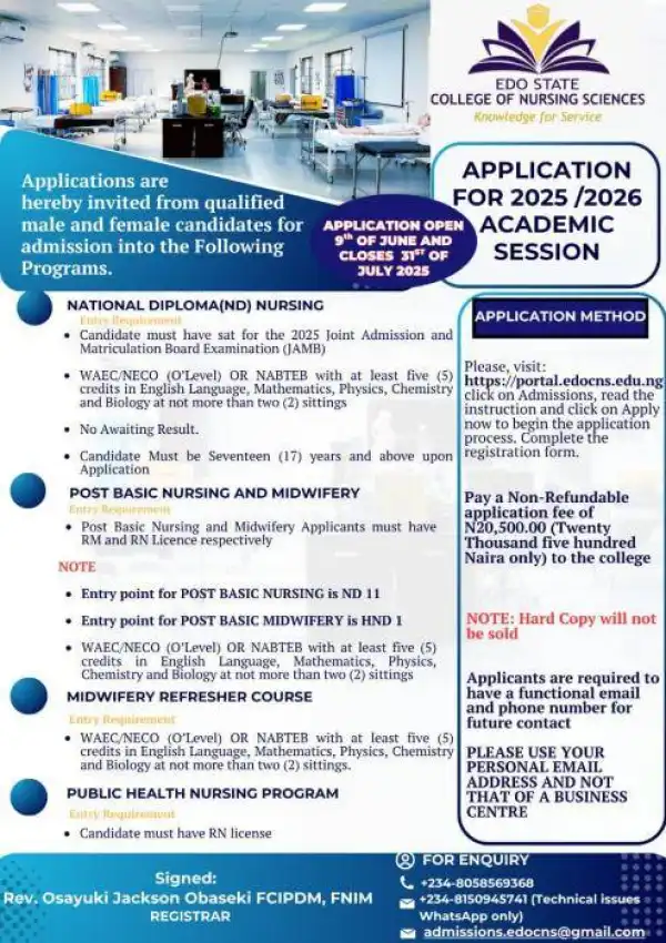 Edo State College of Nursing Sciences admission form, 2025/2026