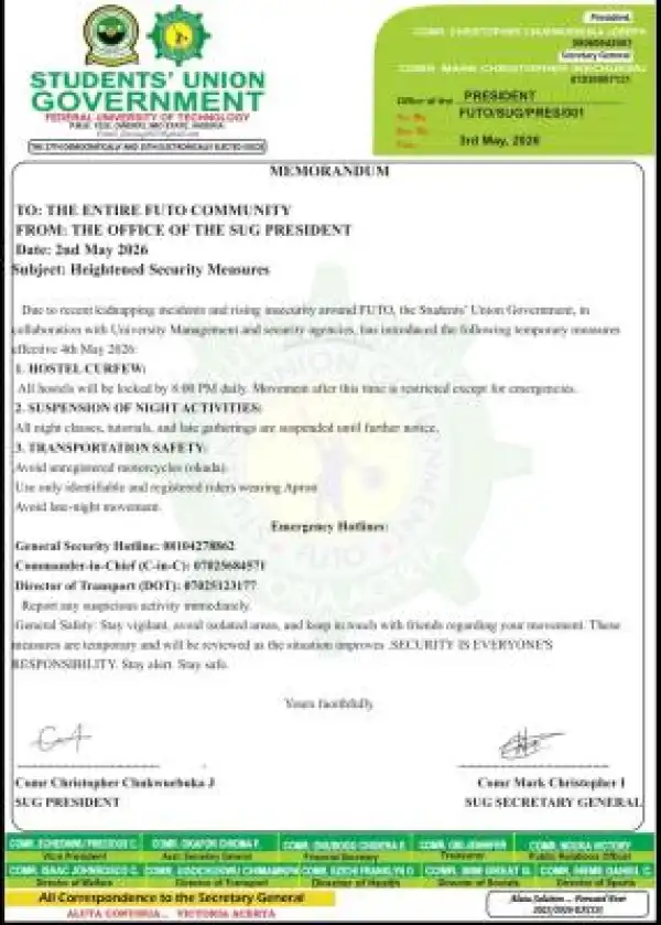 FUTO SUG notice on heightened Security measures and suspension of Night classes