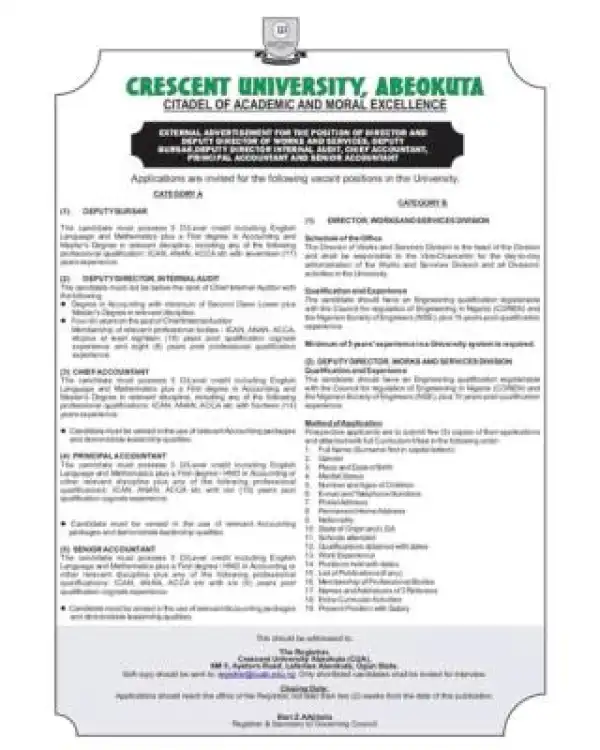 Crescent University announces job vacancies for senior administrative and finance positions