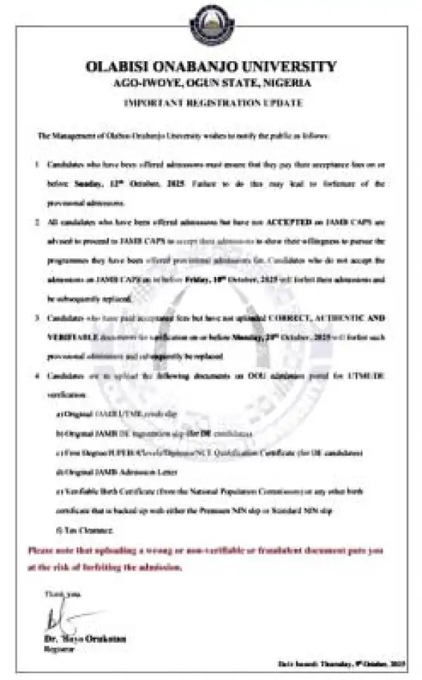 OOU notice on registration to all admitted undergraduate students, 2025/2026