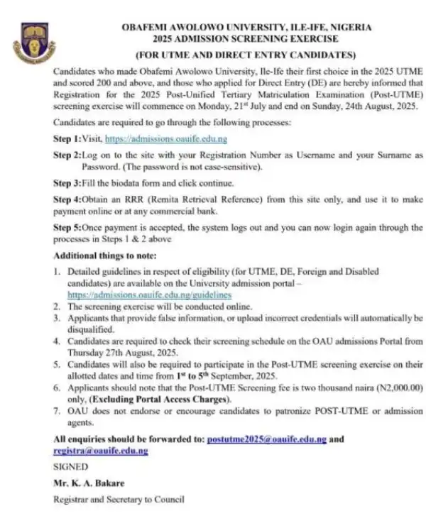 OAU Post-UTME/DE 2025: Cut-off mark, Eligibility and Registration Details