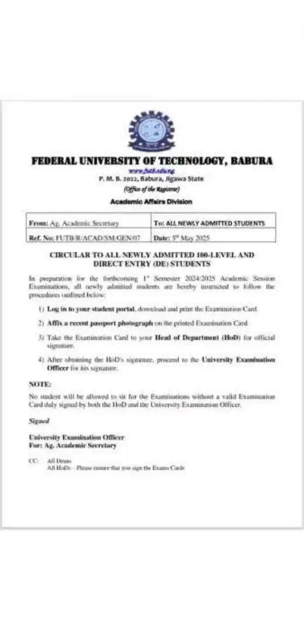 FUT Babura notice to new students on printing of exam cards for 1st semester exam, 2024/2025