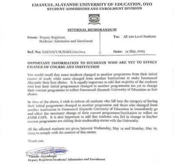 Emmanuel Alayande University of Education notice to students yet to effect change of course & institution