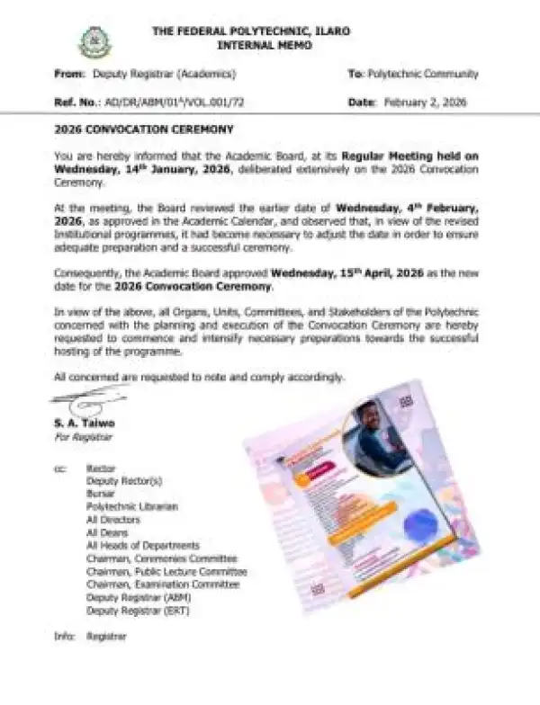 Federal Poly Ilaro reschedules 2026 convocation ceremony