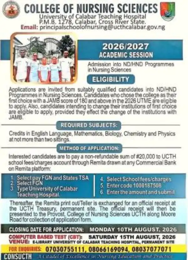 University of Calabar Teaching Hospital College of Nursing Sciences Admission, 2026/2027