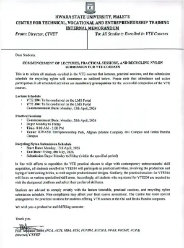 KWASU centre for vocational studies notice to students enrolled in VTE courses