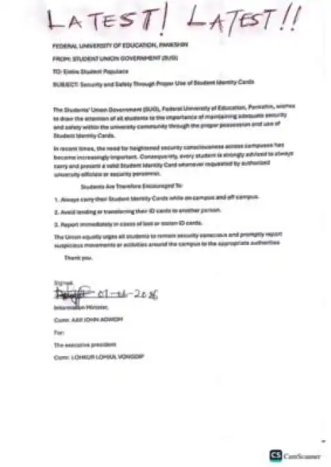 Federal University of Education, Pankshin SUG issues security notice to students