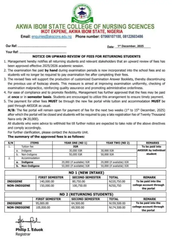 Akwa Ibom College of Nursing Sciences announces upward review of fees