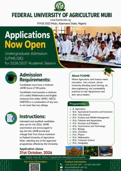 Fed. University of Agriculture, Mubi Post-UTME/DE 2026: Cut-off mark, Eligibility & Registration